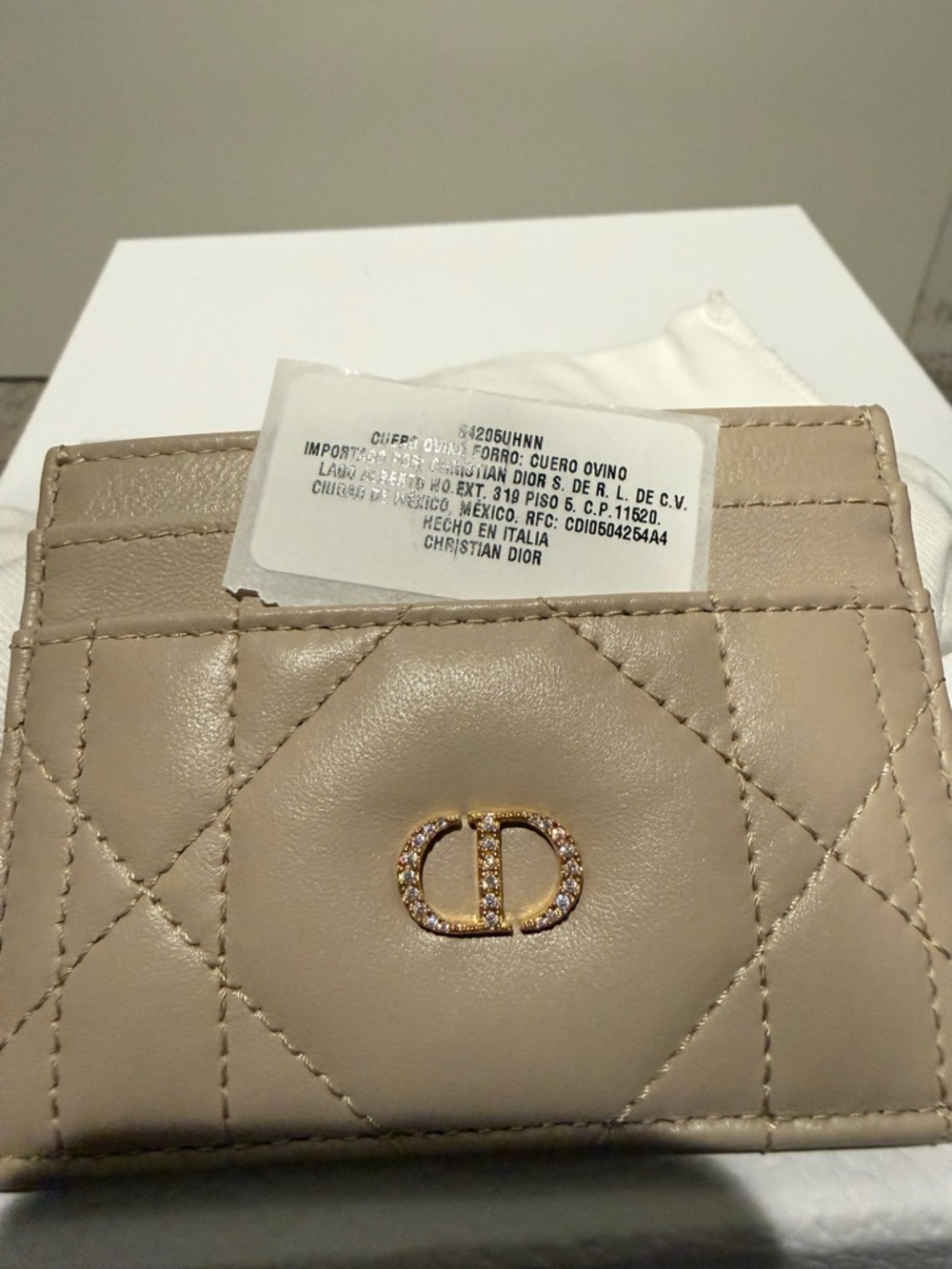 Dior Beige Quilted Leather Card Case with Gold Crystal CD Emblem